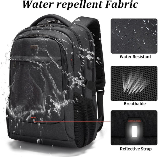 Waterproof travel laptop backpack with USB port and organised storage