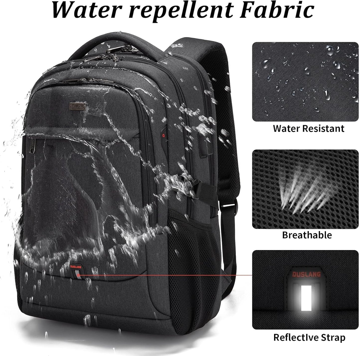Waterproof travel laptop backpack with USB port and organised storage