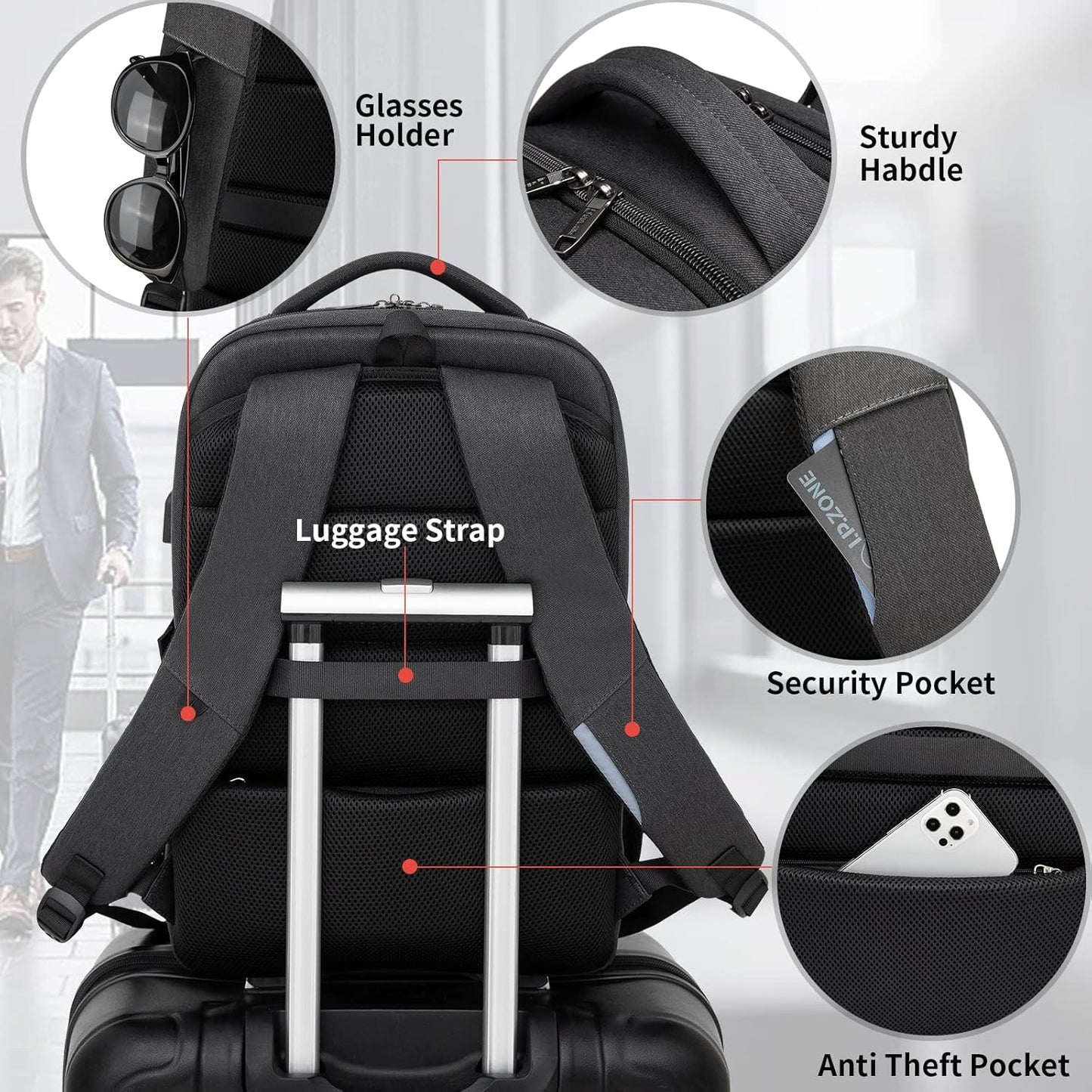 Waterproof travel laptop backpack with USB port and organised storage