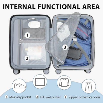 Extendable hard-shell suitcase with spinner wheels and TSA lock.