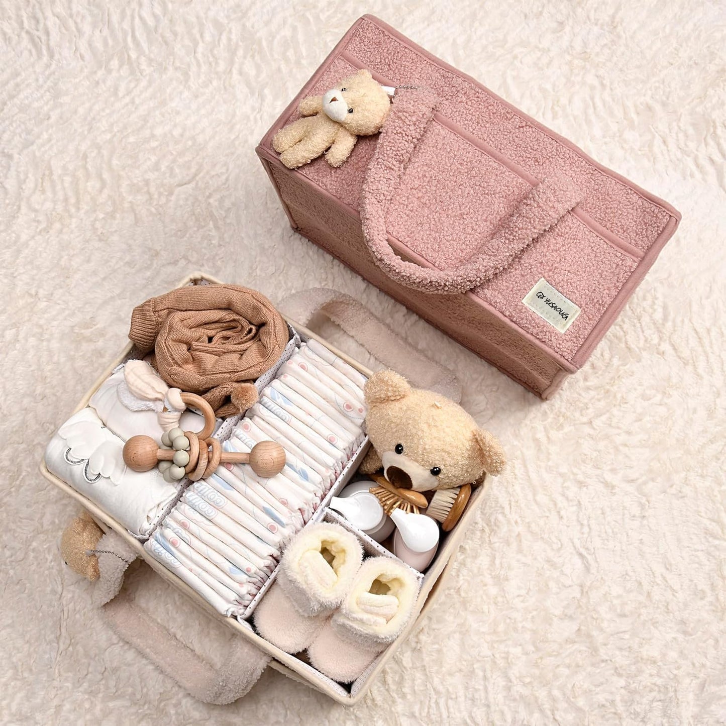 Baby Nappy Caddy Organiser – Plush Sherpa Storage Basket with Compartments – Elvoria