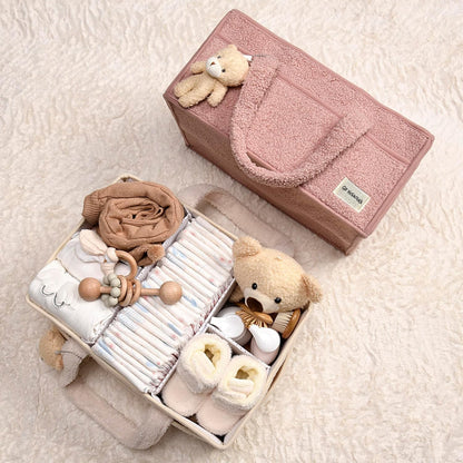 Baby Nappy Caddy Organiser – Plush Sherpa Storage Basket with Compartments – Elvoria
