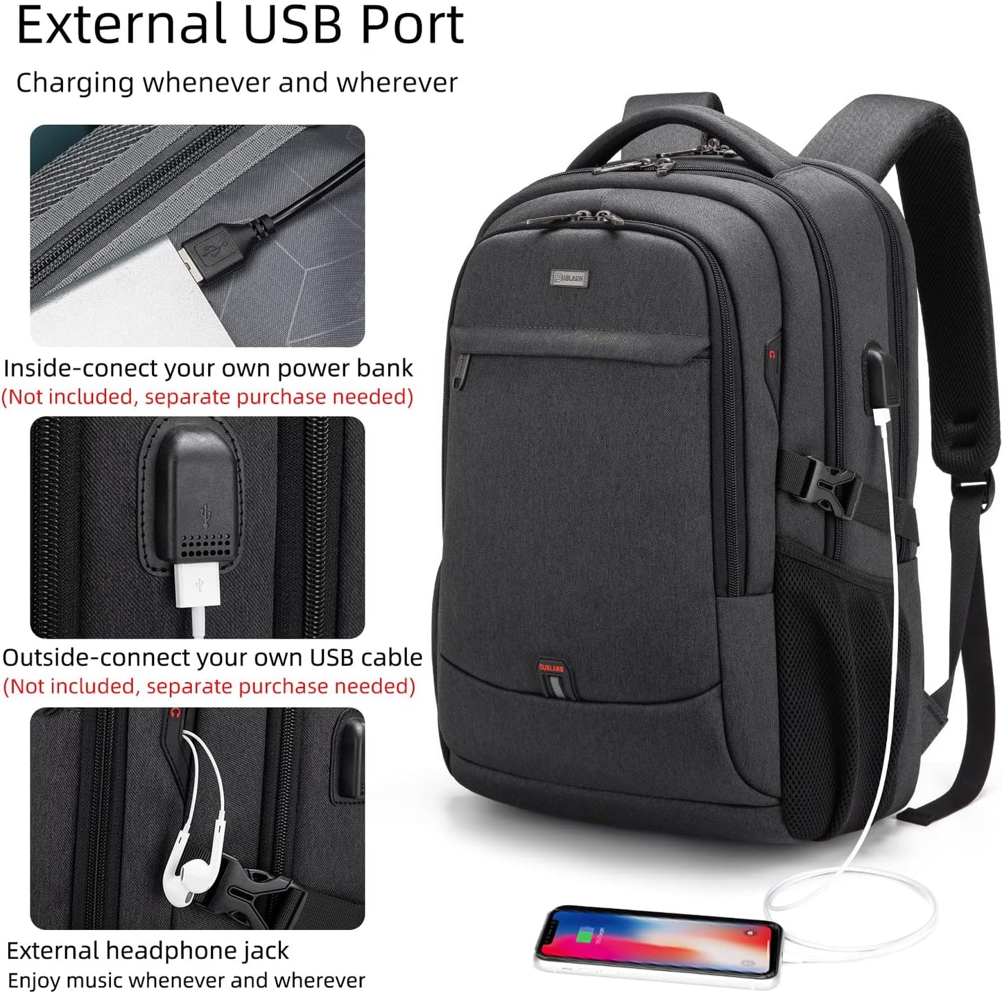 Waterproof travel laptop backpack with USB port and organised storage