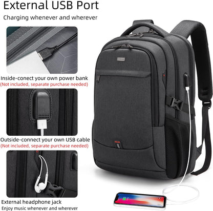 Waterproof travel laptop backpack with USB port and organised storage