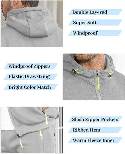 Collage of grey tracksuit details: double-layered hood, lime drawstring and zip pulls, zipped pockets and ribbed hem 29
