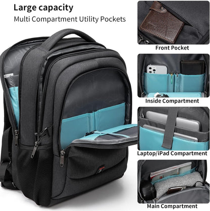 Waterproof travel laptop backpack with USB port and organised storage