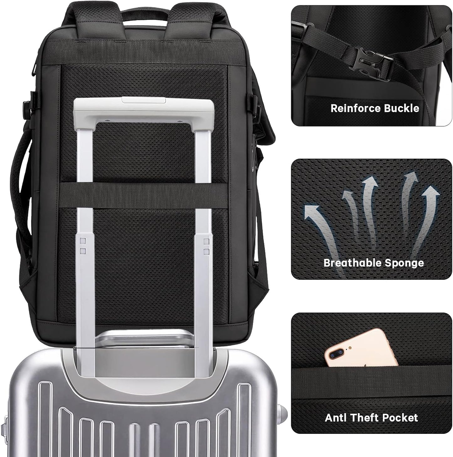 Expandable 26–45 L waterproof travel backpack with laptop compartment and duffel option.