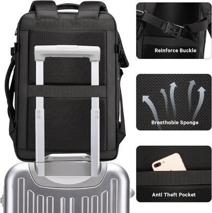 Expandable 26–45 L waterproof travel backpack with laptop compartment and duffel option.