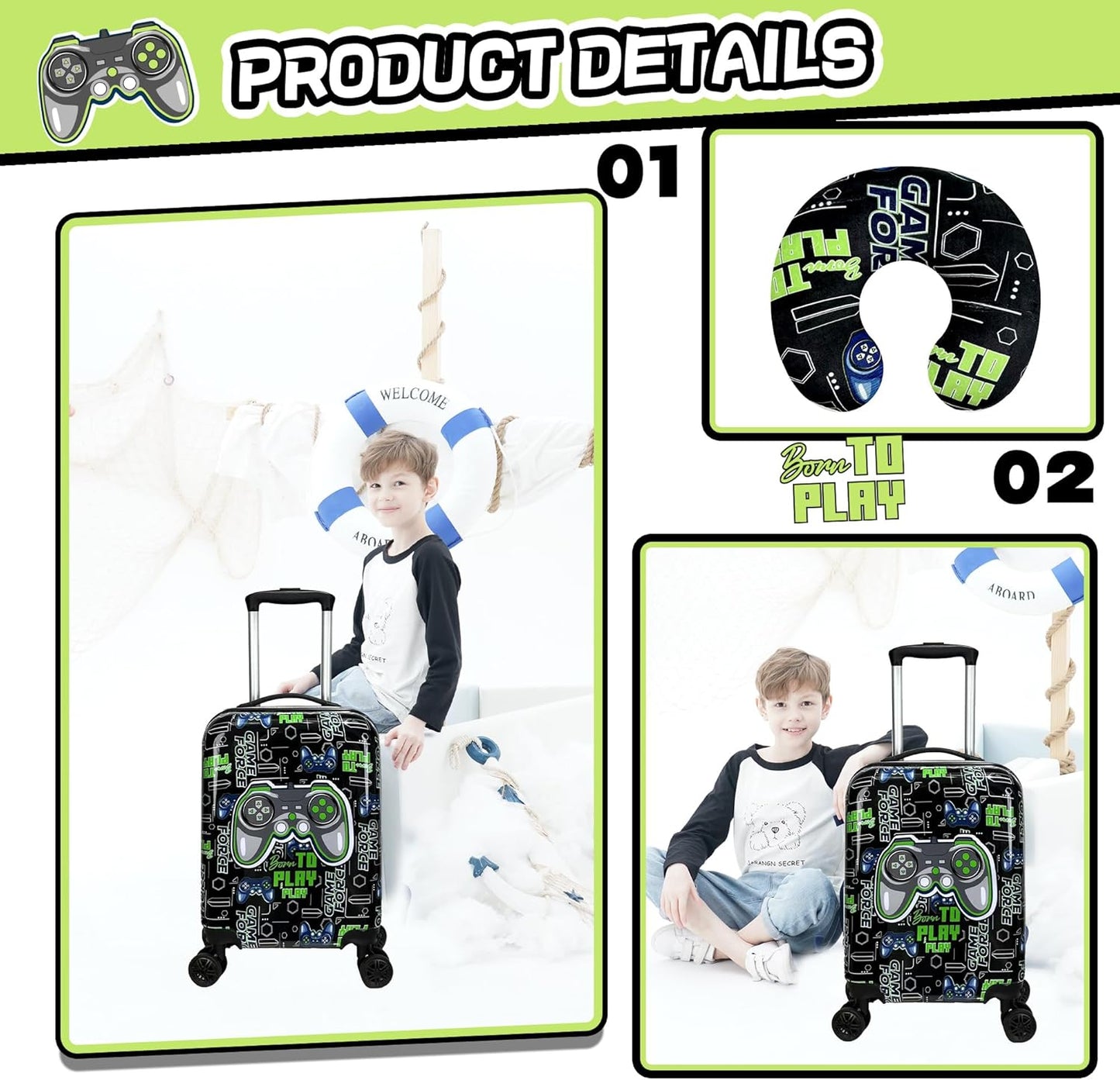 Kids' hard-shell cabin luggage set with spinner wheels – Game Day