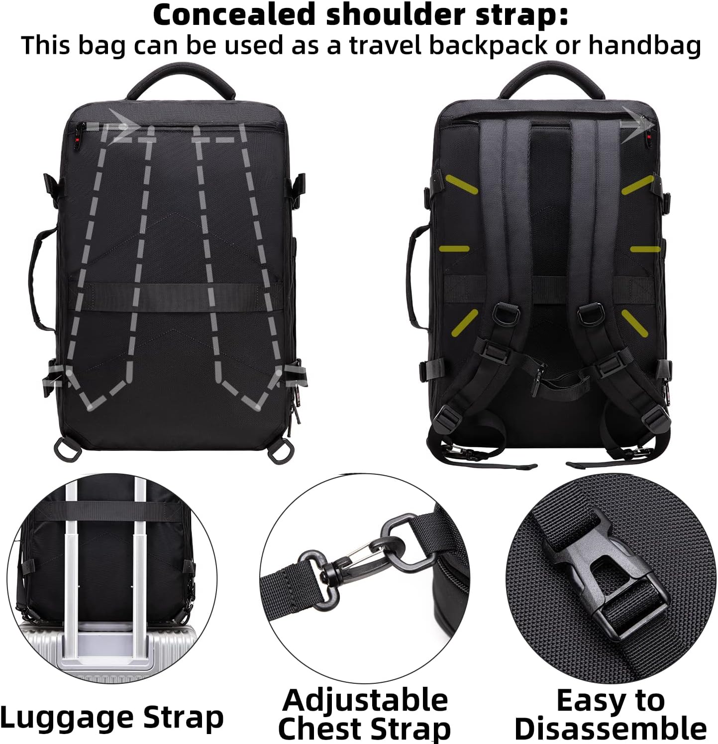 Expandable 45–55 L waterproof travel backpack with 46.5 cm laptop compartment