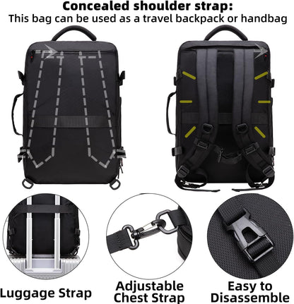Expandable 45–55 L waterproof travel backpack with 46.5 cm laptop compartment