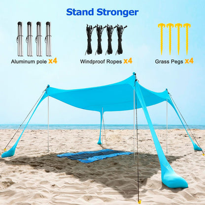 UPF50+ family beach tent with aluminium poles and sand anchors