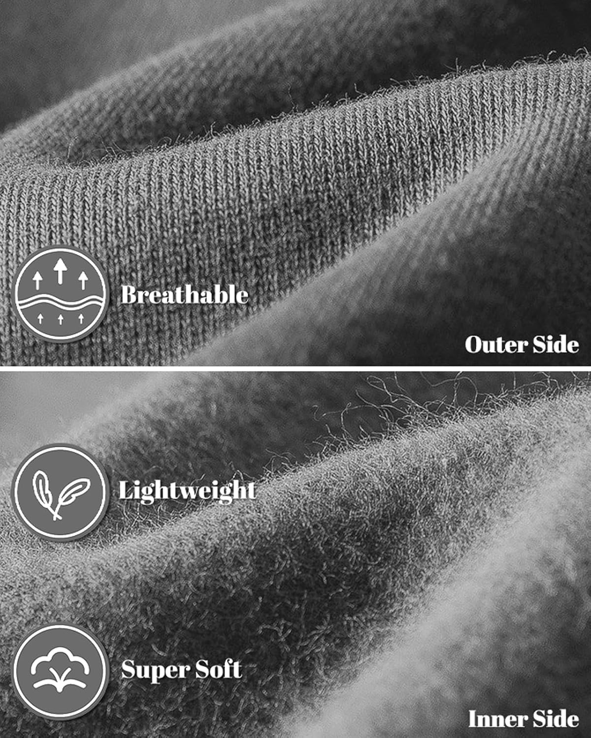 Close-up of the grey fabric, smooth knit outer side above the soft fleece inner side 11