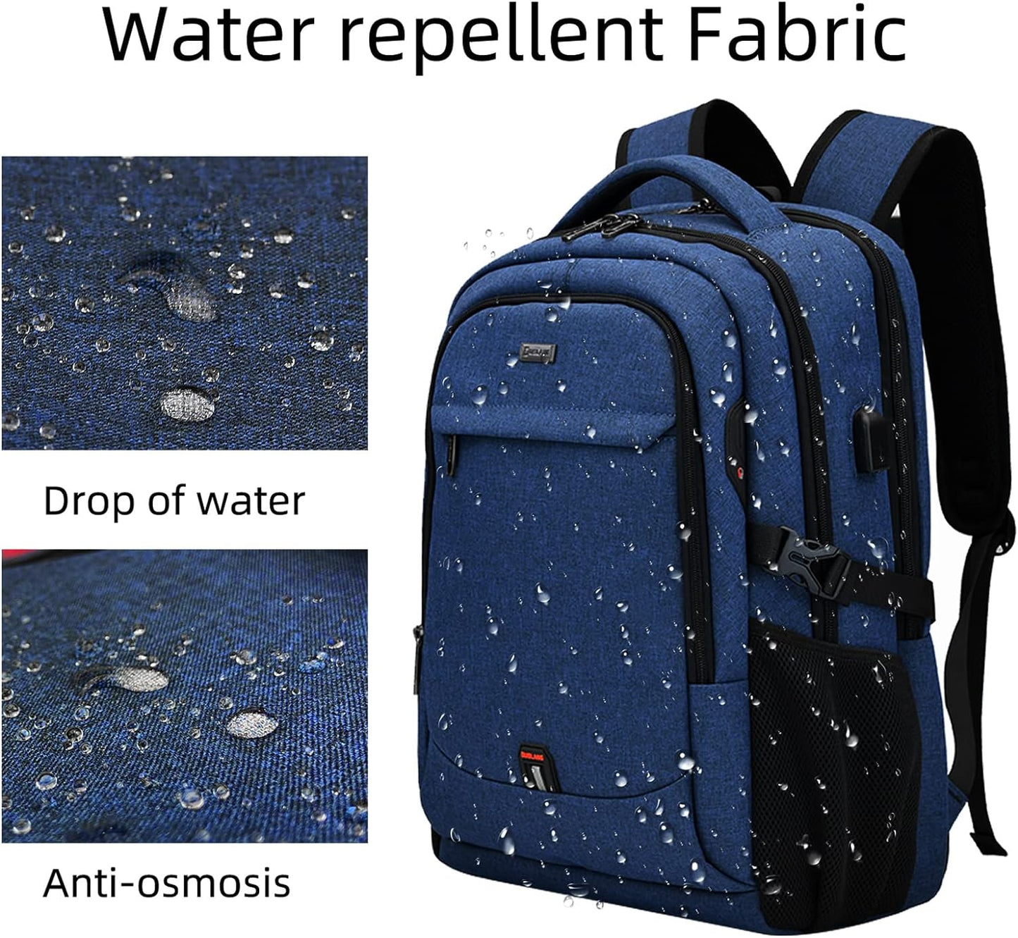 Waterproof travel laptop backpack with USB port and organised storage
