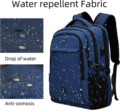 Waterproof travel laptop backpack with USB port and organised storage