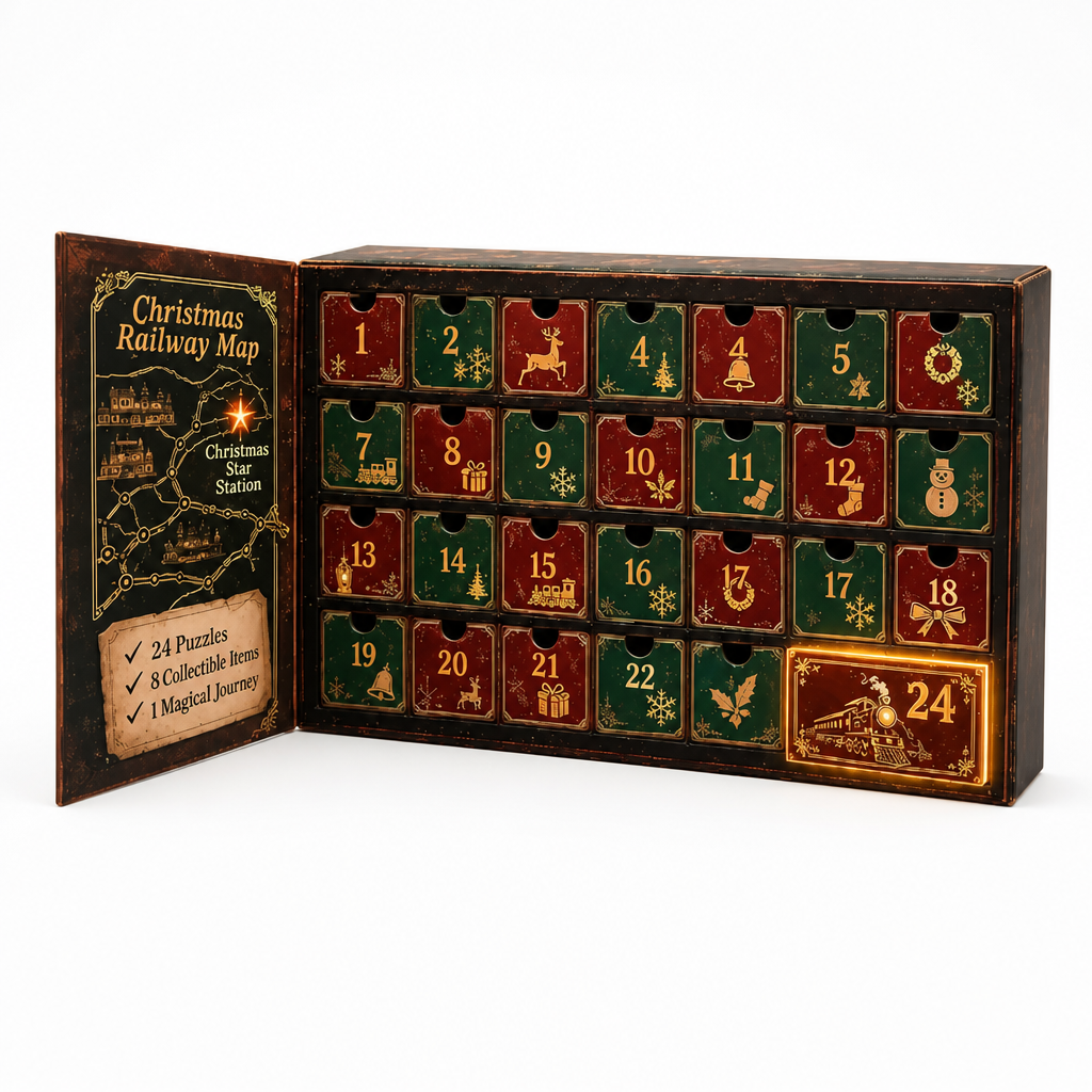 Front view of the open railway-themed calendar on white, its map panel folded back beside 24 red and green drawers. 6