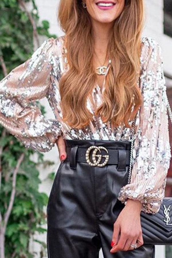 Sparkling & Stylish Ladies' Glitter V-neck Long-sleeve Top – Winter Magic by Naya