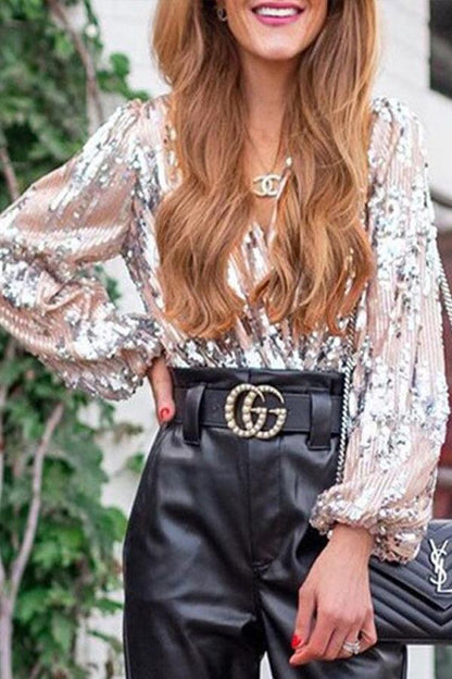 Sparkling & Stylish Ladies' Glitter V-neck Long-sleeve Top – Winter Magic by Naya