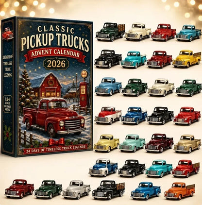 Dark blue box with a red pickup scene beside 24 miniature classic pickup trucks 10