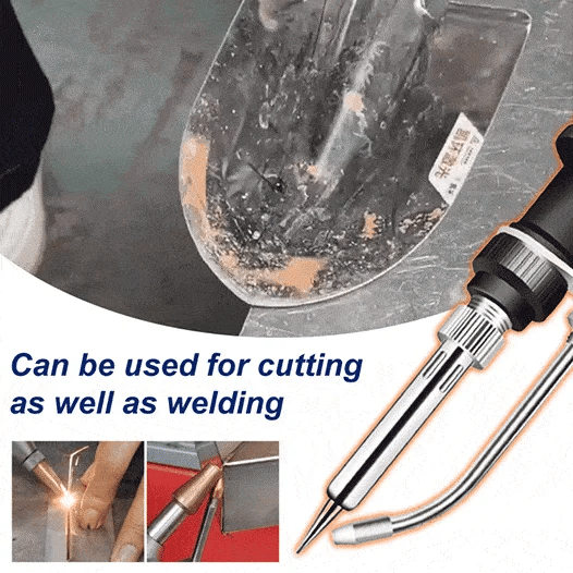 Tool tip beside a scratched metal spade blade, with small insets of welding and cutting in use 14