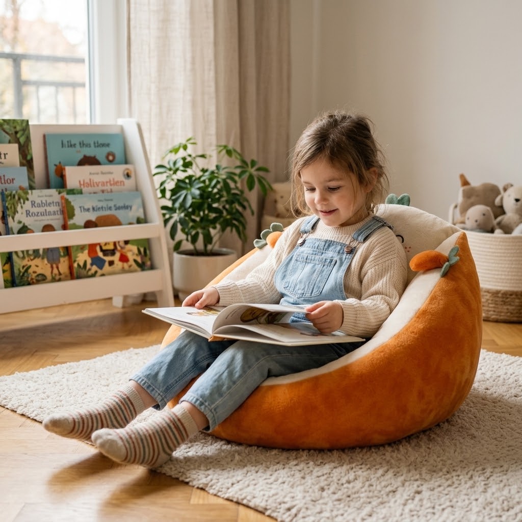 Young child in dungarees sitting in the orange carrot chair, reading a picture book 4