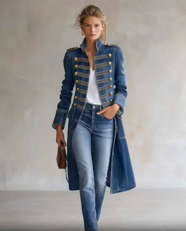 Full-length front view of the blue denim coat worn open with jeans, showing gold buttons, braided trim and a small brown handbag. 4