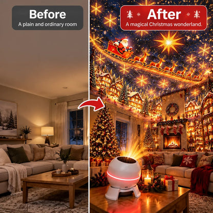 Before-and-after comparison of a plain living room and the same room covered in festive projected scenery 3