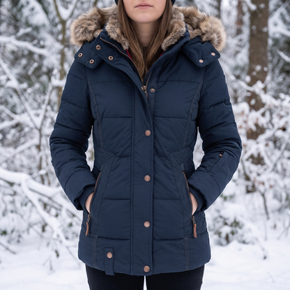 Model in a navy quilted parka with fur-trimmed hood, hands in pockets, in a snowy wood 1