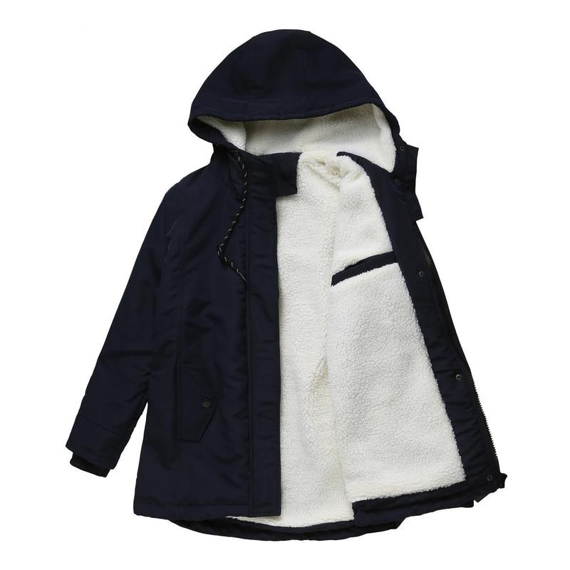 Dark navy parka laid flat and open, showing the fleece lining and inner chest pocket 9