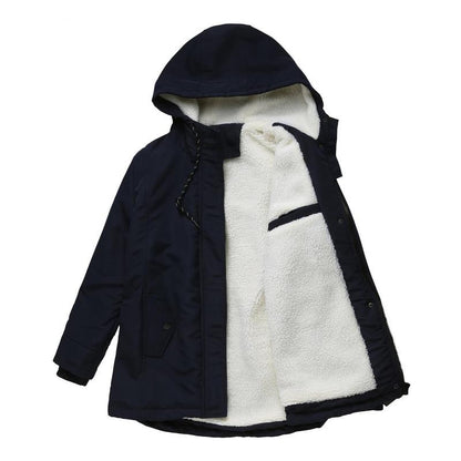 Dark navy parka laid flat and open, showing the fleece lining and inner chest pocket 9