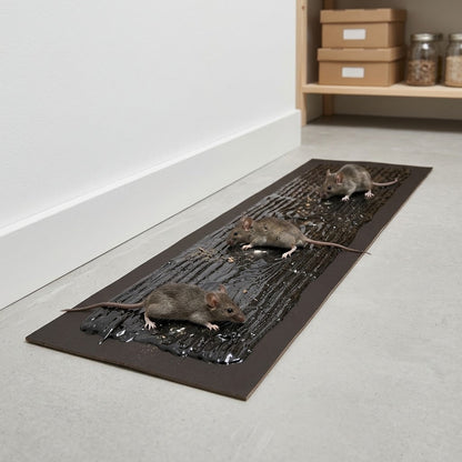 Black glue trap on a concrete floor near a pantry shelf, with three mice caught 2