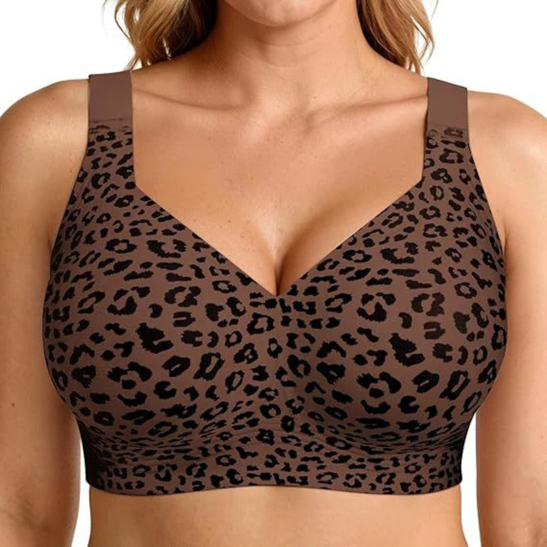 Front view of the bra in a brown and black leopard print, worn by a model 10