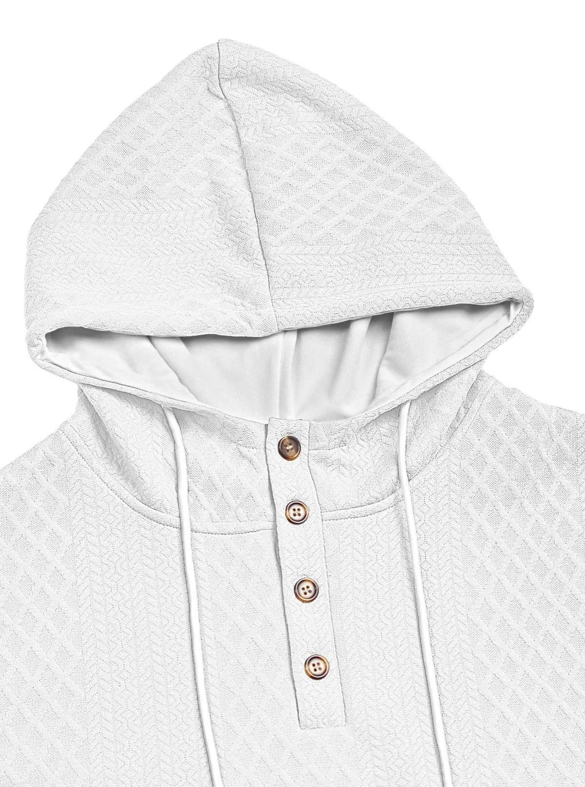 Close-up of a white hoodie's hood and four-button placket with white drawstrings against a plain background 8