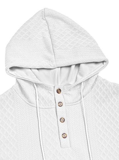 Close-up of a white hoodie's hood and four-button placket with white drawstrings against a plain background 8