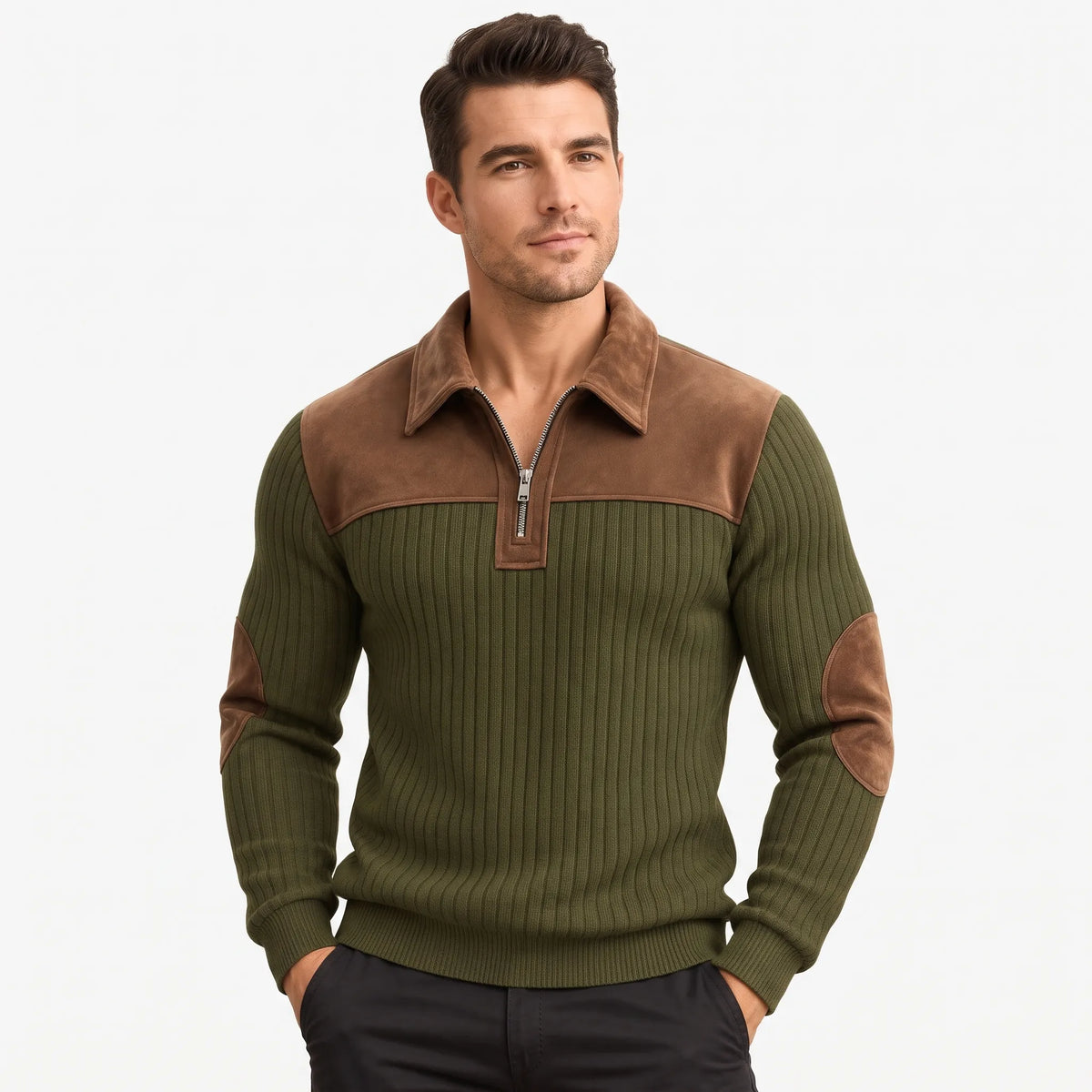 Model in the olive green jumper, head turned slightly, hands in black trousers, quarter zip partly open 8