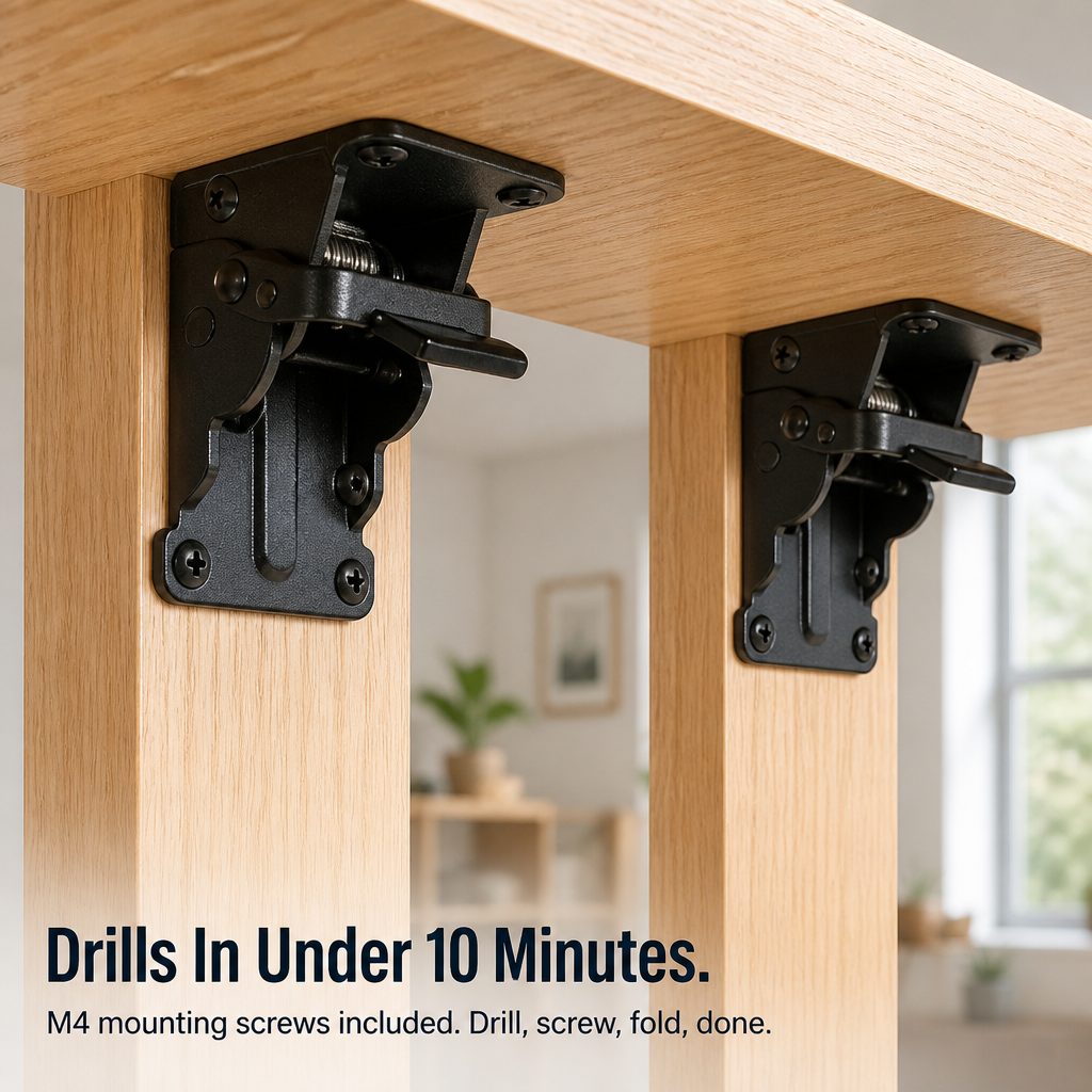 Two black brackets screwed to wooden table legs under the tabletop, shown close up in a bright room. 7