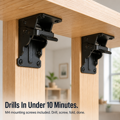 Two black brackets screwed to wooden table legs under the tabletop, shown close up in a bright room. 7