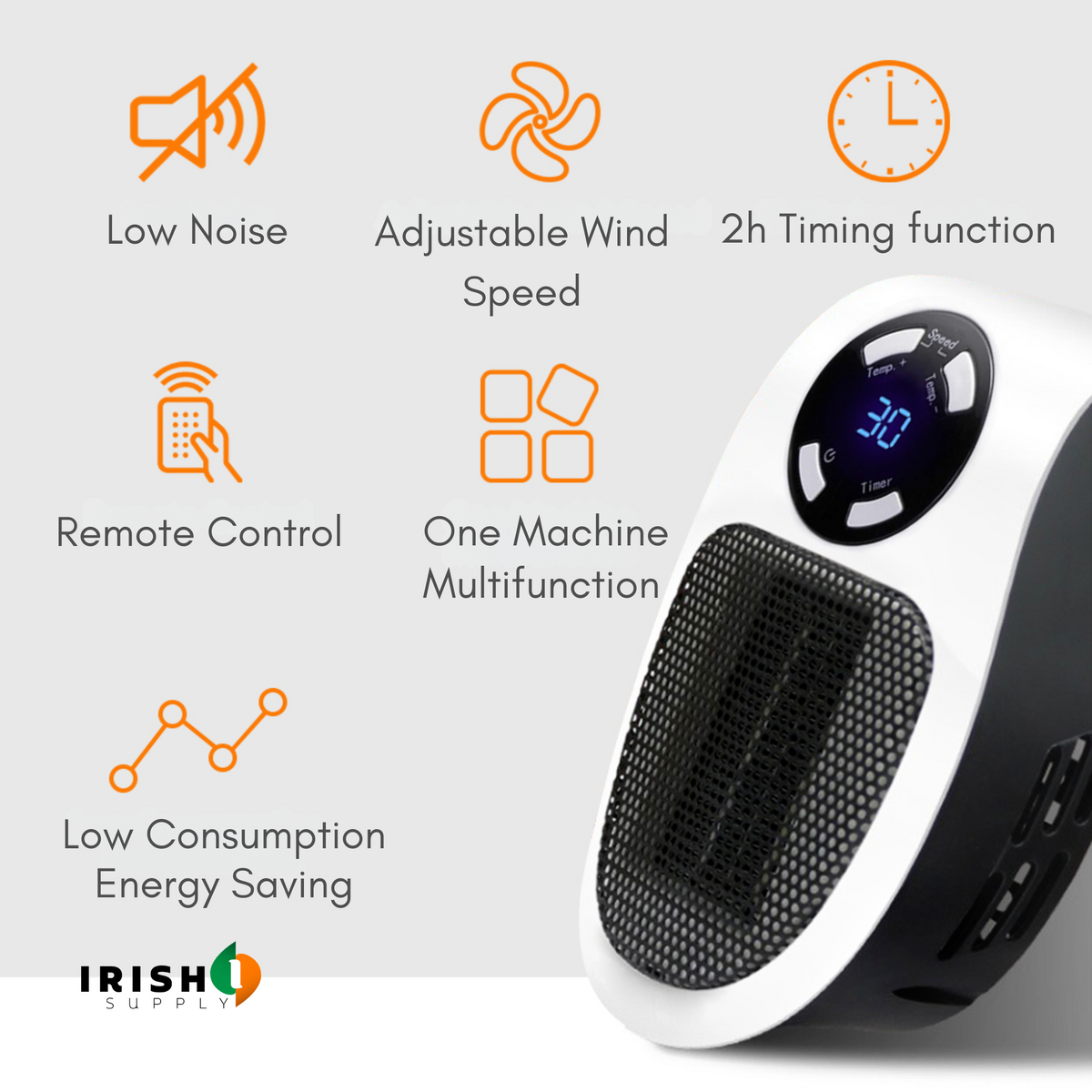 Heater at an angle beside orange icons illustrating its features, including quiet running, timer and remote 7