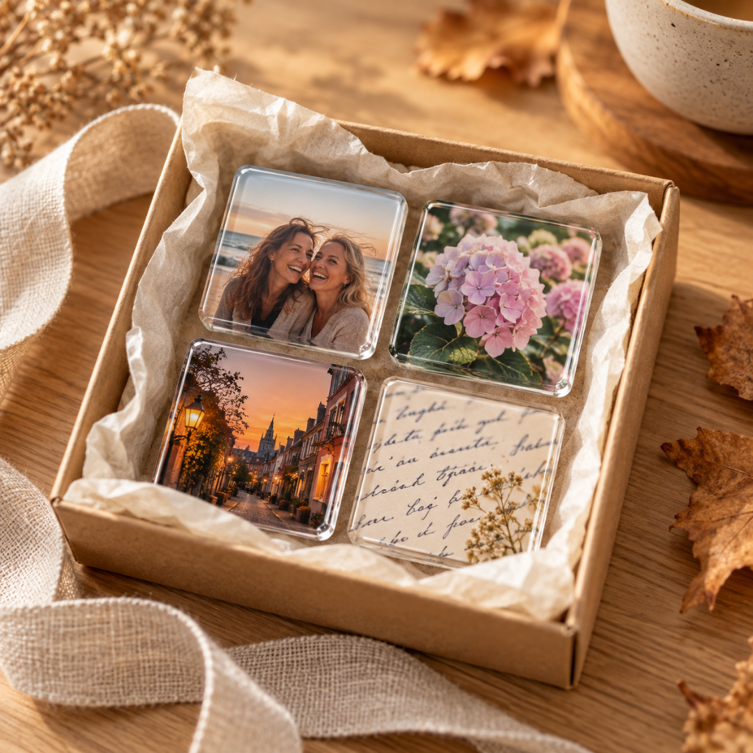 Four square photo magnets in a cardboard gift box lined with tissue paper, with a ribbon and autumn leaves 7
