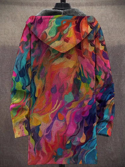 Back view of the hooded jacket on a mannequin showing a multicoloured abstract print 8
