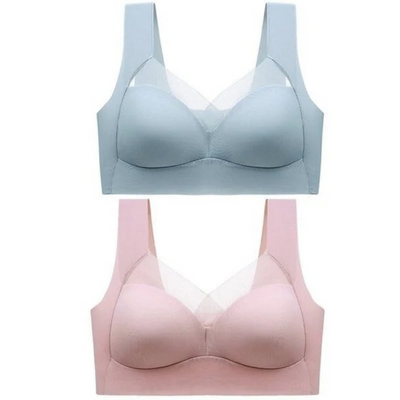 Two seamless wide-strap bras with sheer mesh V-neck inserts, one in pale blue above one in soft pink. 23