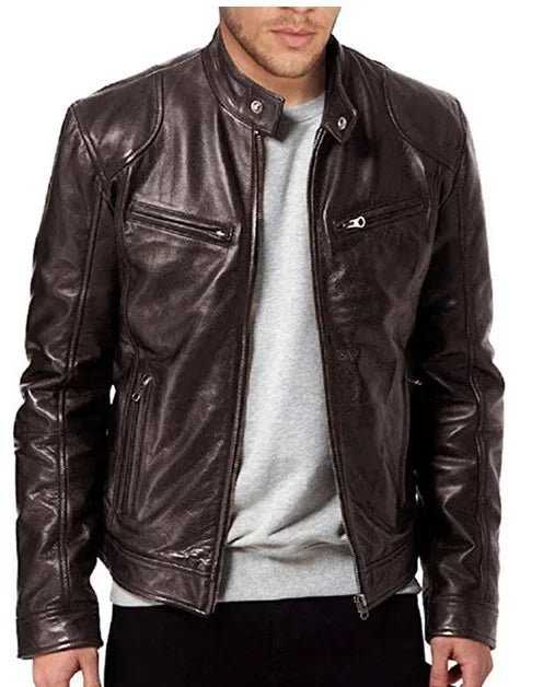 Dark brown leather biker jacket worn open over a grey sweatshirt, cropped at the chin 8