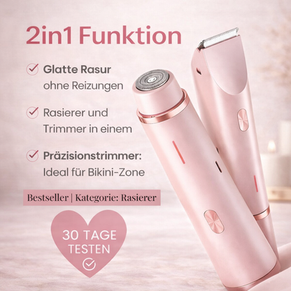 Pink round-foil shaver and trimmer standing together against a soft pink background, with a list of 2-in-1 features and a heart badge. 6