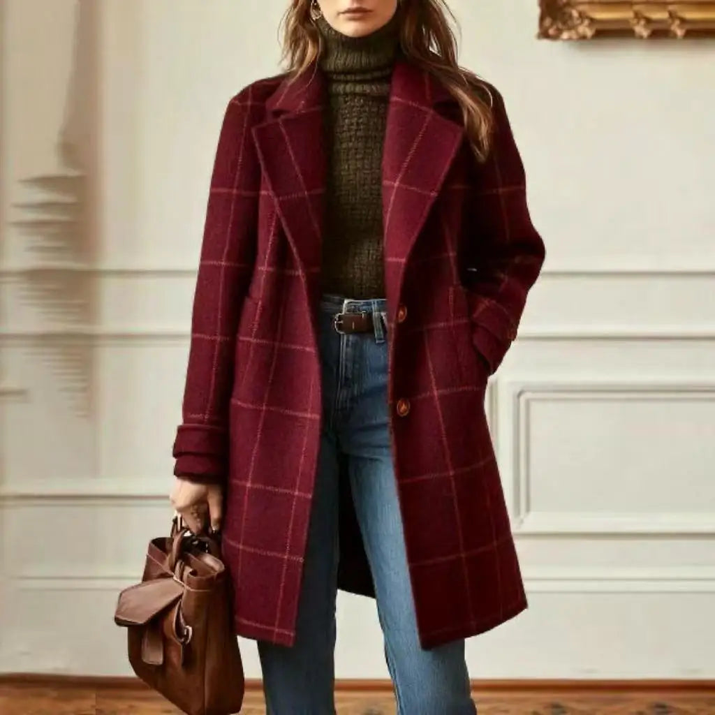 Model in a panelled room wears the burgundy checked coat with pale pink check lines, carrying a brown bag 8