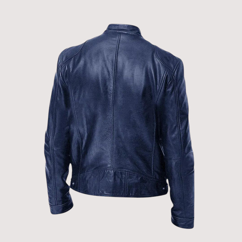 Back view of the navy blue leather jacket, showing seam panels and waist tabs 5