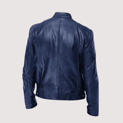 Back view of the navy blue leather jacket, showing seam panels and waist tabs 5