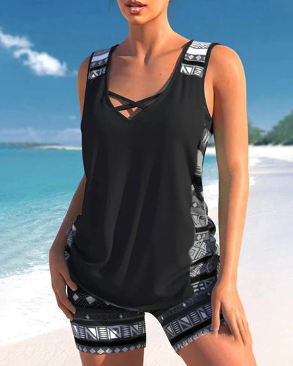Trendy swimwear with V-neck and geometric pattern – Tankini set Madonna