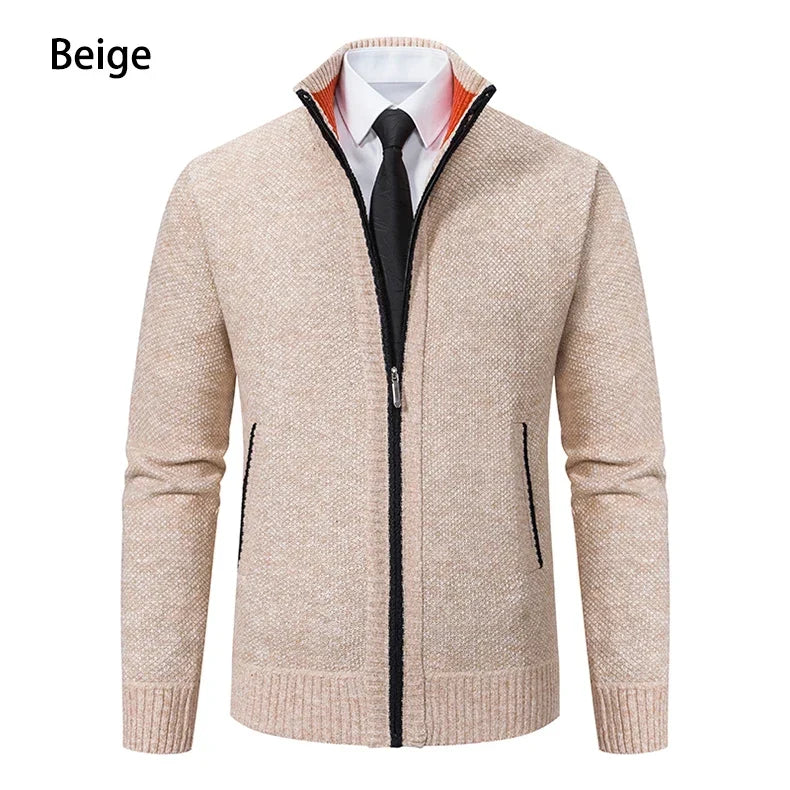 Front view of the beige zip cardigan with orange collar lining and black zip trim 8
