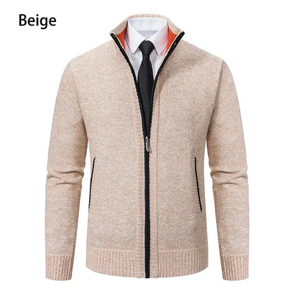 Front view of the beige zip cardigan with orange collar lining and black zip trim 8