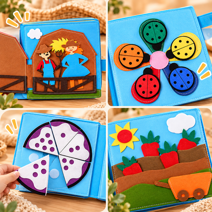 Four close-ups of blue farm book pages: farmers in barn, ladybug wheel, pizza slices, vegetable patch 5